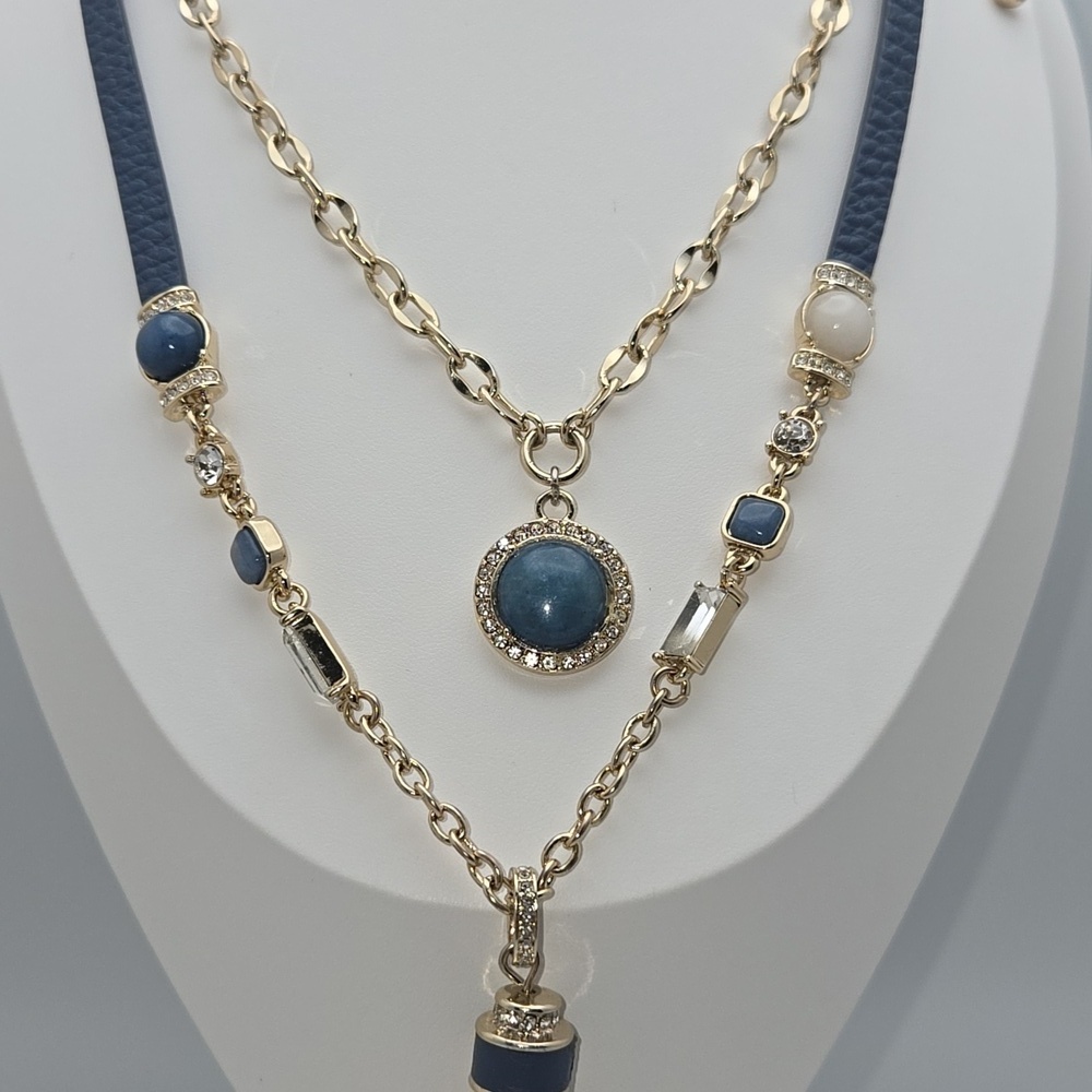 White House Black Market WHBM Gold and Blue Leather Layered Necklace